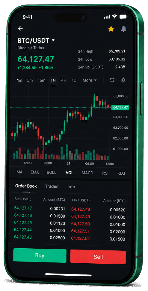 Prisme Gestivance trading platform on mobile — live BTC/USDT chart, order book, and buy/sell interface